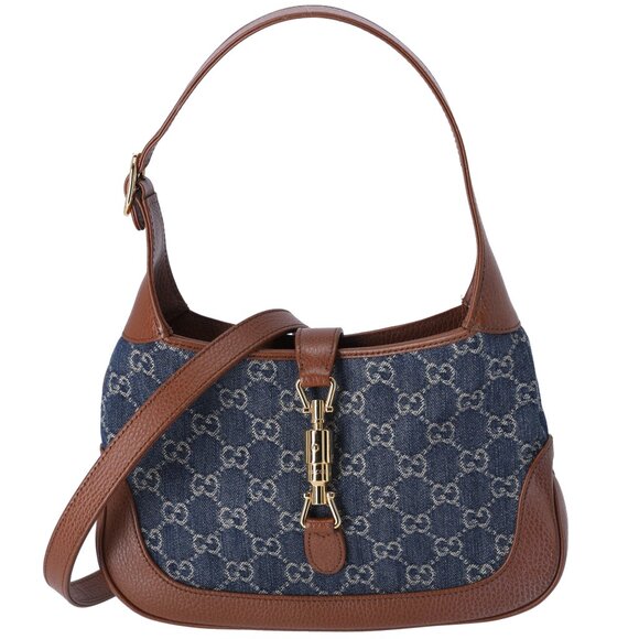 GUCCI Jackie 1961 Small Hobo Shoulder Bag 636706 Blue Denim Brown - Picture 1 of 9